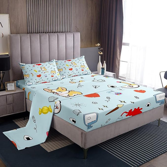 Cartoon Dog Bed Sheet Set 4 Piece,Hippie Graffiti Painting Sheets Full Size Sheets Set,Kawaii Puppy Pet Theme Soft Microfiber Bedding Set with Flat,Fitted Sheet,2 Pillow Cases