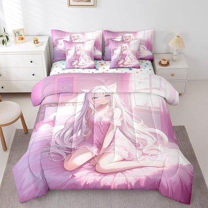 Erosebridal Queen Size Japanese Anime 7 Piece Comforter Set, Anime Girl Bedding Set Kawaii Japanese Style Bed in A Bag Cartoon Japan Animation Sheet Set for Boys Teen Adult Women Bedroom,Pink