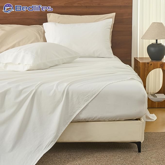Bedlifes 100% French Pure Linen Sheets Queen Size Breathable and Cooling Flax Sheet Set Soft Durable and Moisture Wicking 16 Inch Deep Pocket-4 Piece(Queen,White)