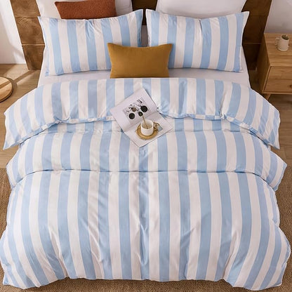 Merryword Blue and White Striped Duvet Cover Set Queen Size, 100% Cotton Bedding Set with Zipper Closure & 8 Corner Ties, Luxury Linen Like Bedding, Soft Breathable Comforter Cover for All Seasons