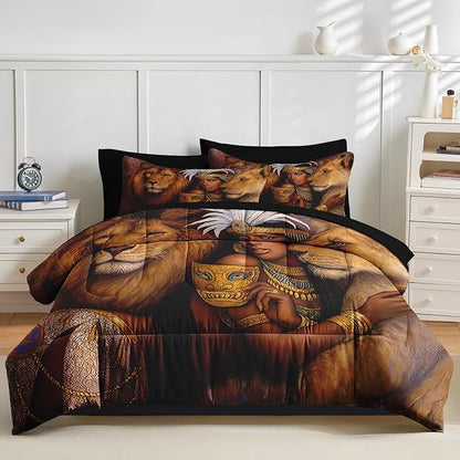 Nesker Comforter Set Queen Size, Regal Lions Queen Woman 7 Pcs Bedding for Kids and Adults, African Wildlife Brown Bed Sheet Sets with Fitted Sheet 2 Pillowcases & 2 Shams