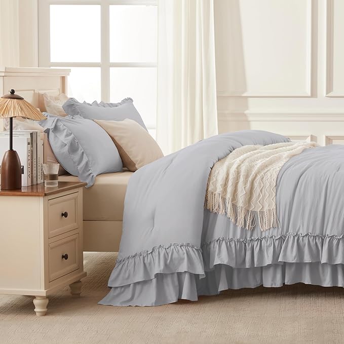 Andency Light Gray California King Comforter Set, 3 Pieces Lightweight Fluffy Farmhouse Shabby Chic Bedding Comforter Sets, Soft Polyester All Season Cal King Bed Sets(104x96Inch)