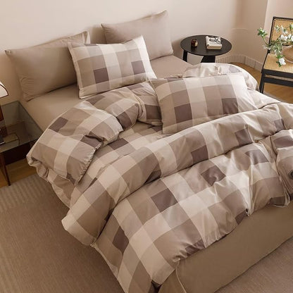 Cottonight Checkered Khaki Comforter Set King Men Gingham Grid Bedding Set Khaki and Cream Coffee Grid Comforter Fluffy Soft Blanket Quilts Modern Cottagecore Comforter for King Bed