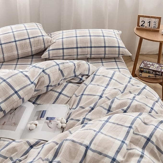 FACE TWO FACE Bedding Duvet Cover Set100% Washed Cotton Duvet Cover Linen Like Textured Breathable Durable Soft Comfy(Queen, Blue Grid)