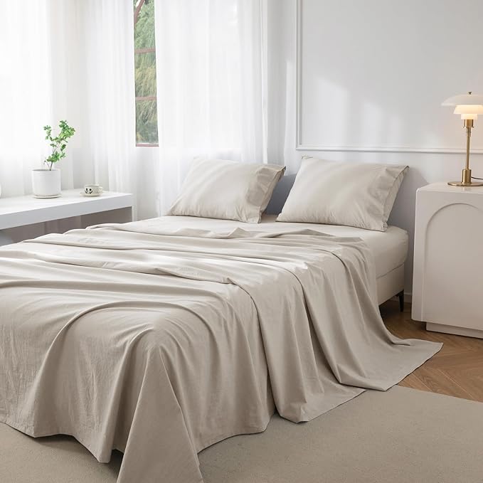 JIYUAN Full Size Sheet Set, 4-Piece - 100% Washed Cotton, Linen-Like Soft & Breathable, Includes Deep Pocket Fitted & Flat Sheet with 2 Pillowcases, Hotel Quality, Heathered Cream Grey