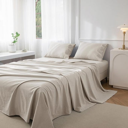 JIYUAN California King Size Sheet Set, 4-Piece - 100% Washed Cotton, Linen-Like Soft & Breathable, Includes Deep Pocket Fitted & Flat Sheet with 2 Pillowcases, Hotel Quality, Heathered Cream Grey