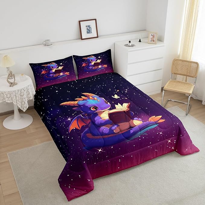 Castle Fairy Lovely Dragon Comforter Set Queen Size Purple Black Ombre Galaxy Bedding Set Bedroom Decor Cartoon Dragon Book Quilt Set Dreamy Glittering Print Starry Duvet Insert with 2 Pillowcases