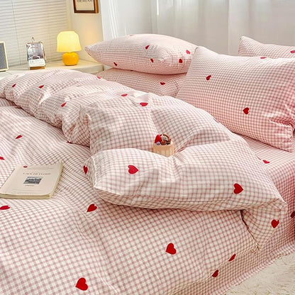 Nayoroom Gingham Duvet Cover Queen Size Pink Plaid Red Heart Printed on White Bedding Set 3 Pcs Kids Girls Cute Heart-Shaped Comforter Cover with Zipper Closure Soft Breathable Microfiber