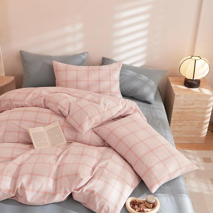 EAVD Pink Grey Grid Plaid Duvet Cover King Washed Cotton Bedding Set 3 Pieces Modern Farmhouse Gingham Duvet Cover with 2 Pillowcases Reversible Grid Checkered Bedding Set with Zipper Closure
