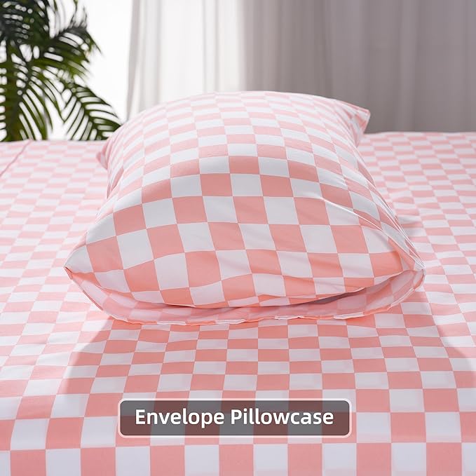 Best Season Bed Sheet Set 3 Piece -Twin Size-Soft Durable Microfiber Bedding Sheet Set,Deep Pocket,Stain,Fade & Wrinkle Resistant Green and White Checkerboard Grid(Plaid Coral&White)