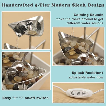 Trilogy Tabletop Fountain with 3-Tier Stainless Steel Waterfall | Handcrafted Design, Adjustable Water Flow & Smart Pump for Modern Home Decor