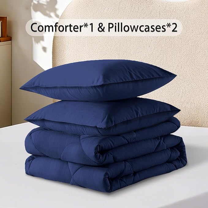 3-Piece Queen Comforter Set,All-Season,Soft & Hypoallergenic &Breathable Bedding,Polyester Quilted,Down Alternative(Comforter*1 & Pillowcases*2),Dark Blue