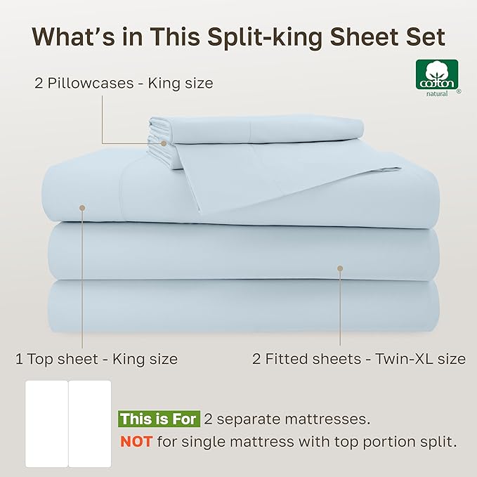 California Design Den Luxury Sheets Set for Split King Adjustable Bed, Soft 100% Cotton, 500 Thread Count Sateen Sheets for Bed, Snug Fit, Includes Twin-XL Fitted Sheets - Blue (Grey Tone)