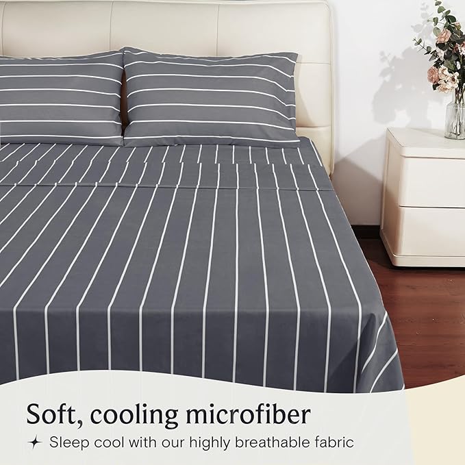 LuxClub 4 PC Cal King Size Sheet Set, Breathable Luxury Bed Sheets, Deep Pockets 18" Wrinkle Free Cooling Machine Washable Hotel Bedding (Striped Light Grey)