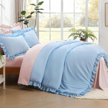 Litanika Light Blue Full Size Comforter Sets, 3 Pieces Ruffle Farmhouse Aesthetic Bedding Comforter Sets, All Season Soft Lightweight Fluffy Microfiber Bed Set(79x90In Comforter, 2 Pillowcases)
