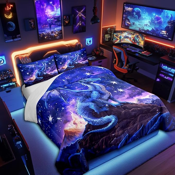 Dragon Comforter Set Queen Size,Starry Sky Mountains Bedding Set for Kids Girls Boys Room Decor,Blue Purple Western Magical Quilt Set 3Pcs,Wild Animal Trippy Duvet Insert,2 Pillowcases