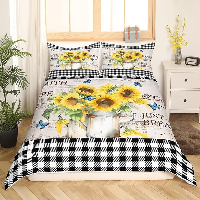 Castle Fairy Yellow Sunflowers Bedding Set Rustic Farmhouse Style Duvet Cover Black White Plaid Comforter Cover Retro Gingham Bedroom Quilt Cover Full with 2 Pillowcase,No Comforter
