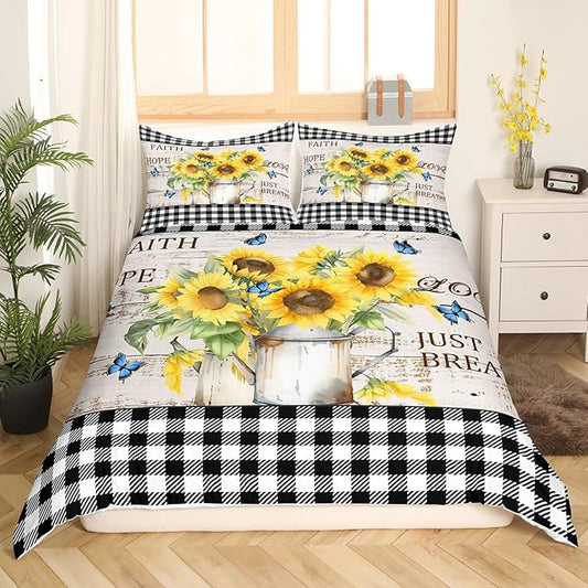 Castle Fairy Yellow Sunflowers Bedding Set Rustic Farmhouse Style Duvet Cover Black White Plaid Comforter Cover Retro Gingham Bedroom Quilt Cover Full with 2 Pillowcase,No Comforter