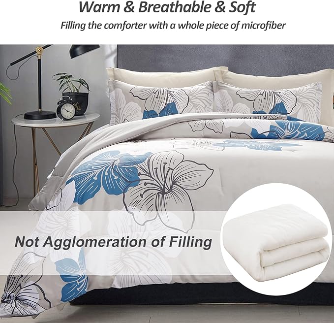 Menghomeus Floral Comforter Set King Blue Flower Pattern Printed on Grey, Soft Microfiber Bedding Lightweight Boho Bed Set for All Season (1 Comforter, 2 Pillowcases)