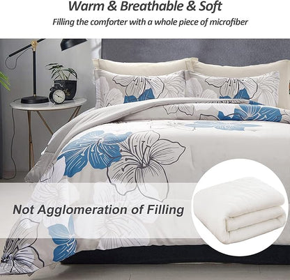 Menghomeus Floral Comforter Set King Blue Flower Pattern Printed on Grey, Soft Microfiber Bedding Lightweight Boho Bed Set for All Season (1 Comforter, 2 Pillowcases)