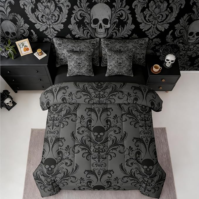 Erosebridal Gothic Damask Comforter Set 7 Piece Bed in a Bag Twin,Sugar Skull Bedding Sets Black Grey Victorian Floral Goth Sheet Set with Comforter