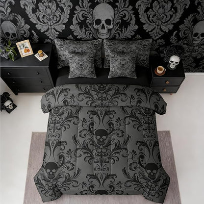 Erosebridal Gothic Damask Comforter Set 7 Piece Bed in a Bag Twin,Sugar Skull Bedding Sets Black Grey Victorian Floral Goth Sheet Set with Comforter