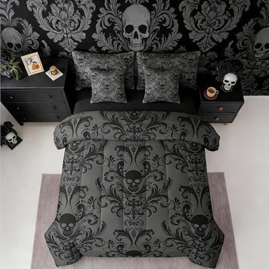 Erosebridal Gothic Damask Comforter Set 7 Piece Bed in a Bag Twin,Sugar Skull Bedding Sets Black Grey Victorian Floral Goth Sheet Set with Comforter