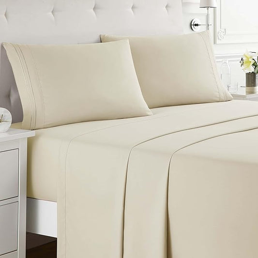 Clara Clark Full XL Bed Sheet Set - Wrinkle, Fade, Stain Resistant, Deep Pocket Sheets - Luxury Soft Bedding Sheets & Pillowcases, Full XL Cream