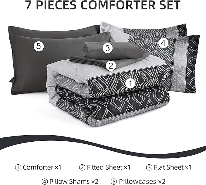 Dinjoy Queen Comforter Set Dark Gray Boho,Soft 7 Piece Bed in a Bag Queen Size Lightweight Black Bedding Sets Striped Comforters with Plaid Bed Set with Sheets for Men All Season