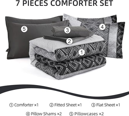 Dinjoy Queen Comforter Set Dark Gray Boho,Soft 7 Piece Bed in a Bag Queen Size Lightweight Black Bedding Sets Striped Comforters with Plaid Bed Set with Sheets for Men All Season