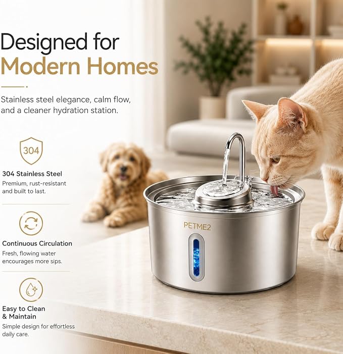 Luxury Smart Pet Fountain 2026 – 3.2L/108oz Stainless Steel Automatic Cat & Dog Water Fountain, Indoor Pet Water Dispenser with LED Light, Quiet Pump, Dual Flow Modes, 4-Layer Filter, Dishwasher Safe