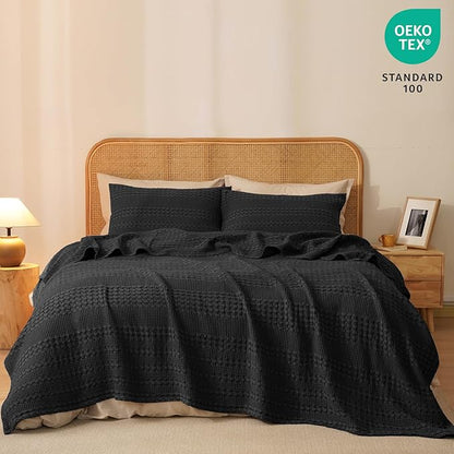 PHF 100% Cotton Waffle Weave Blanket Queen Size for Bed, Soft Lightweight & Breathable for Spring and Summer, All-Season Comfort, Luxury Aesthetic Blanket for Home Decor, 90"x90", Black