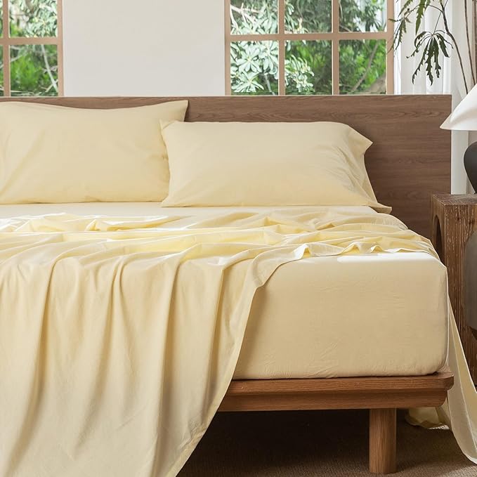 MooMee Fitted Bottom Sheet Only 100% Washed Cotton Linen Like Textured Breathable Durable Soft Comfy Deep Pocket Fits Mattress up to 17" (Heathered Butter Yellow, Full)