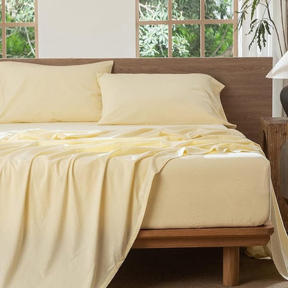 MooMee Fitted Bottom Sheet Only 100% Washed Cotton Linen Like Textured Breathable Durable Soft Comfy Deep Pocket Fits Mattress up to 17" (Heathered Butter Yellow, Full)