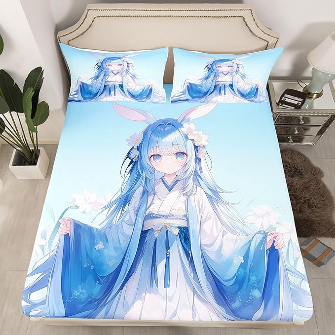 Erosebridal Traditional Japanese Fitted Sheet, Kawaii Decor Anime Girl Sheets, Blue Butterfly Decor Twin Bed Set, 1 Fitted Sheet 1 Pillowcase