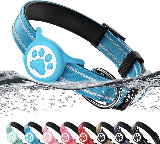 Airtag Dog Collar, Reflective Ultra-Durable Nylon Padded with QR Buckle & IP68 Waterproof Air Tag Holder Compatible for Apple AirTag, Comfortable for Small Medium Large Dogs (Blue, XL)