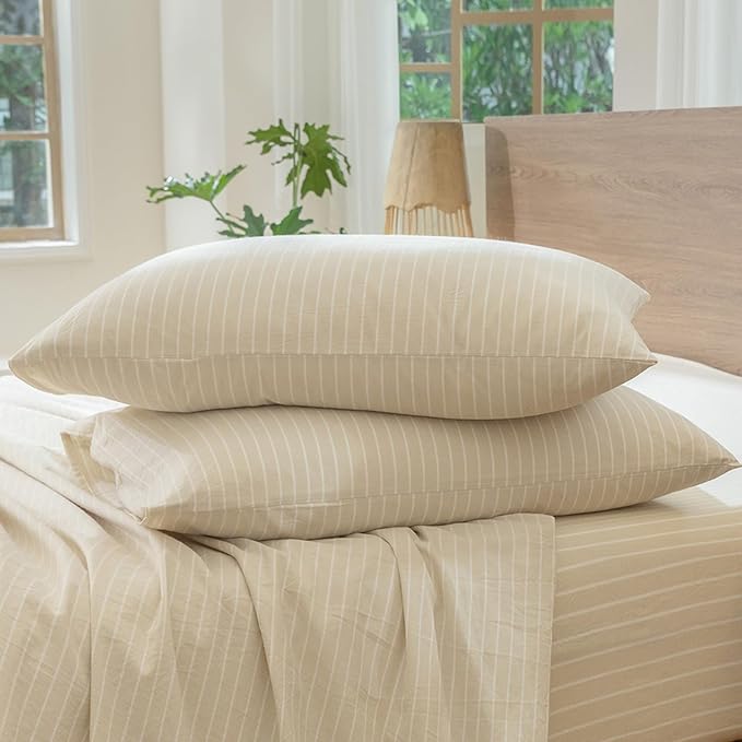 MooMee Bedding Pillowcases Striped Pack of 2 100% Washed Cotton Linen Like Textured Breathable Durable Soft Comfy (Almond Milk Grey White Wide Stripes, Queen)