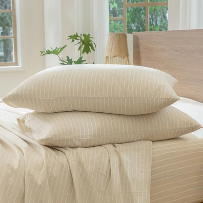 MooMee Bedding Pillowcases Striped Pack of 2 100% Washed Cotton Linen Like Textured Breathable Durable Soft Comfy (Almond Milk Grey White Wide Stripes, Queen)