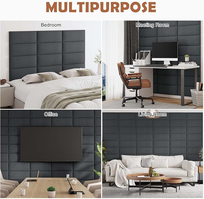 IFNOW Wall Mounted Headboard, Peel and Stick Panels, Black, Queen | 3D Soundproof Acoustic Padding, Reusable and Removable Tufted fabric Bed Headboard for bedroom (6 Panels, 10" x 24")