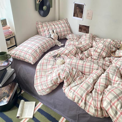 EAVD Vintage Style Plaid Duvet Cover Queen Grey Pink Grid Soft 100% Washed Cotton Reversible Bedding Set Farmhouse Grid Checkered Bedding Set with 2 Pillowcases Modern Gingham Duvet Cover with Zipper