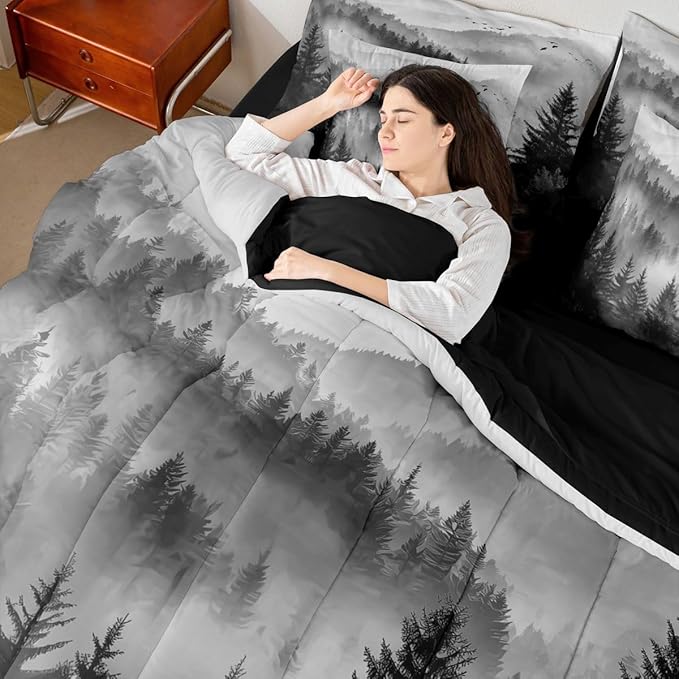 Erosebridal Foggy Mountain Twin Comforter Set with Sheets 7 Piece Grey Forest Pine Tree Bed in A Bag Nature Misty Woodland Bedding Sets for Kids Adults,Flying Bird Bed Set