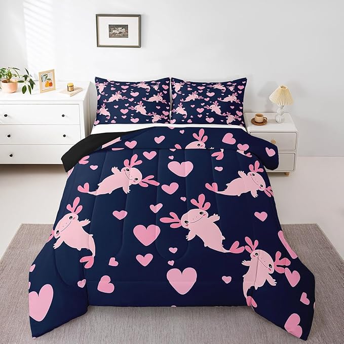 Feelyou Axolotl Comforter Set Full Size Heart Comforter for Boys Girls Teens Cute Axolotl Bedding Set Cartoon Salamander Duvet Set Room Decor Navy Blue Pink Quilt Set