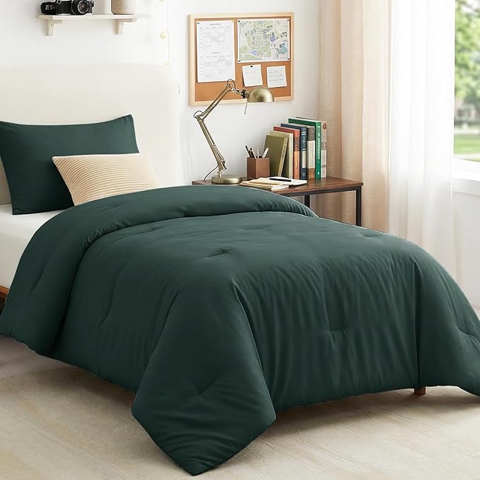 CozyLux Twin/Twin XL Comforter Set Forest Green, 2 Pieces Twin Extra Long Solid Breathable Bedding Sets College Dorm, Luxury Soft Bed Set with Down Alternative Comforter and 1 Pillowcase All Seasons