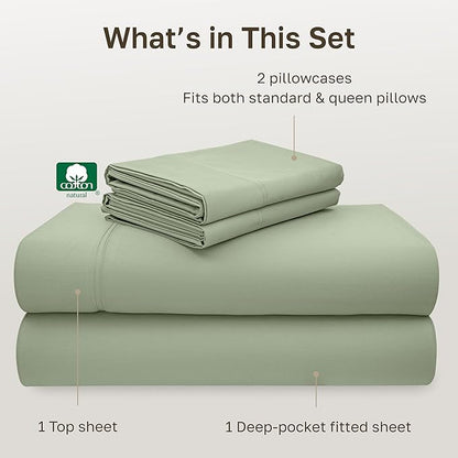 California Design Den Hotel Quality Deep Pocket Queen Sheets Set - Luxury 600 Thread Count Sateen, Natural 100% Cotton Queen Size Sheets Set, Fully Elasticized, Crisp, Cool and Durable - Laurel Green