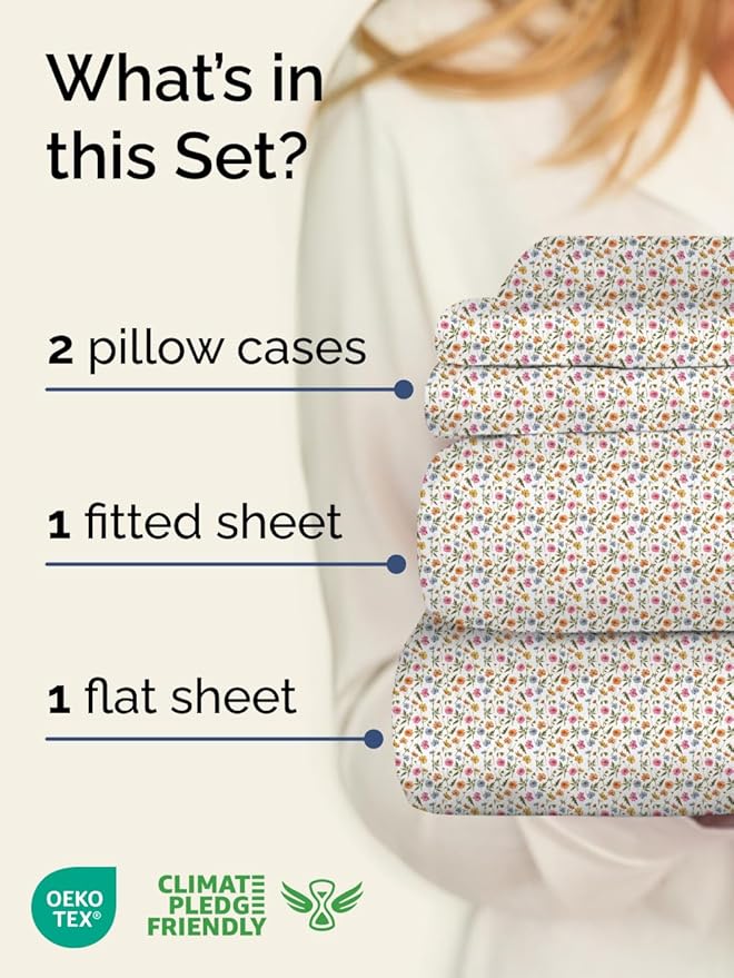 Floral Sheets - Flower Print Bed Sheet Set - 1 Flat, 1 Fitted & 2 Pillowcases w/ Deep Pockets - Comfy, Cozy, Wrinkle & Fade Free - Boho Botanical Bedding - Soft, Breathable & Cooling - King Size Set