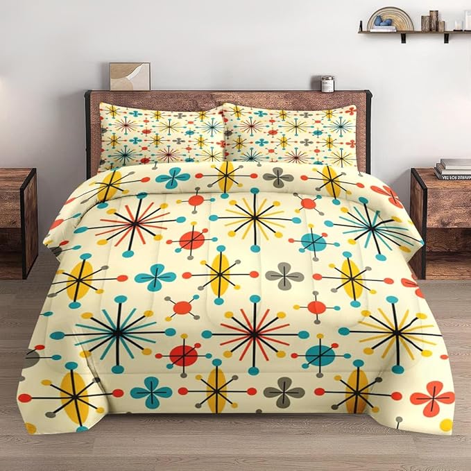 Full Size Comforter Set with 2 Pillowcases, Mid Century Retro 50S Atomic Soft 3 Pcs Bedding for Kids and Adults Bedroom Bed Decor