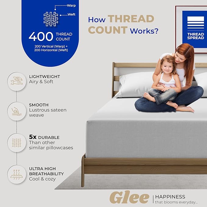 THREAD SPREAD 100% Cotton King Size Pillow Cases Set of 2 - Luxury 400 Thread Count Pillow Cases King Size (Silver), Soft Cooling Breathable & Durable Sateen Weave Hotel Quality Cotton Pillowcases