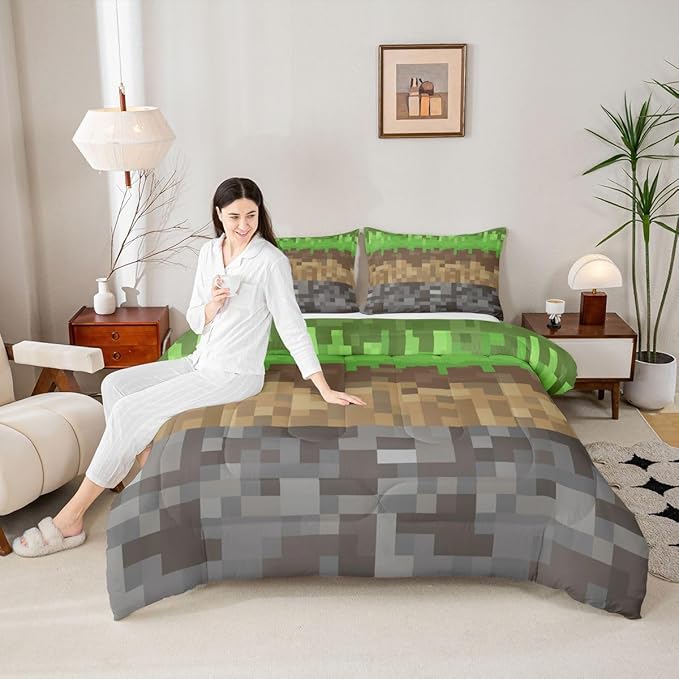 Miners Pixel Checked Kids Bedding Set Queen Size,Video Games Check Lattice Comforter Set,Game Cartoon Gamepad Quilt Comforter,Gray Green Brown Bedroom Duvet Insert,2 Pillowcases