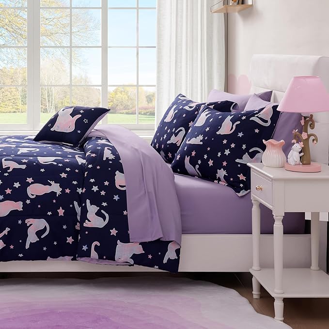 Full Size Comforter Set for Girls-7 Pieces Cute Cat Full Bedding Sets for Kids, Ultra Soft Bed in A Bag with Sheets