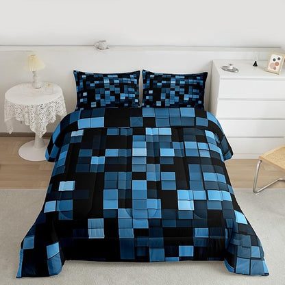 Pixelated Blocks Kids Bedding Set Queen Size,Patchwork Square Video Games Comforter Set，Geometric Patchwork Grid Quilt Comforter,Blue Bedroom Duvet Insert,2 Pillowcases